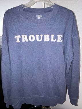 aerie Blue Crewneck Sweater with 'TROUBLE' Lettering Oversize